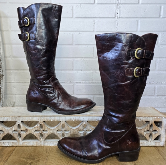 Born Cherry Brown Heeled Knee High Riding Boots Size 8 - Picture 8 of 14